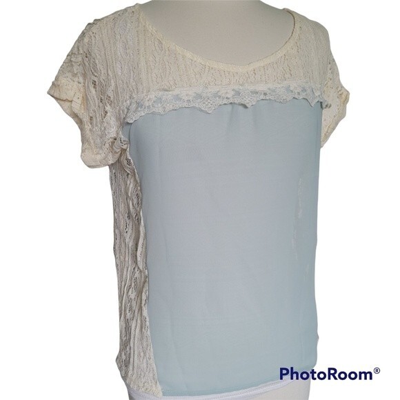 LUSH - Light Blue Silky Blouse W Lots of Lace - S - Picture 1 of 11